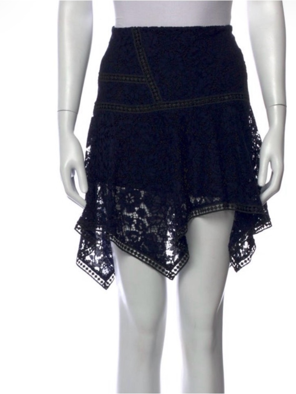 Veronica Beard Black and Navy Floral Lace Handkerchief Hem Mini Asymmetric Skirt